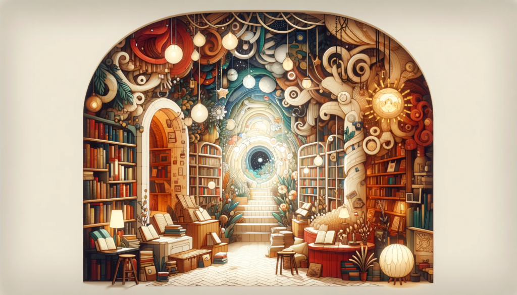 Illustration of a whimsical bookstore interior with a maze of books and art installations.